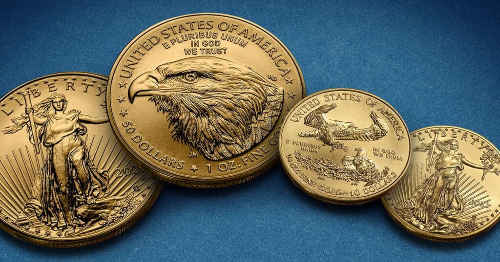 The obverse and reverse of both the 2021 Type 1 and Type 2 Gold American Eagles.