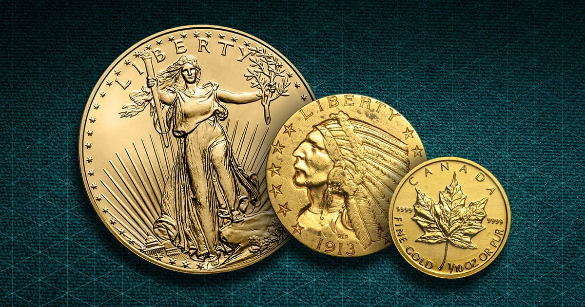 Three gold coins are slightly overlapping eachother in front of a patterned background.