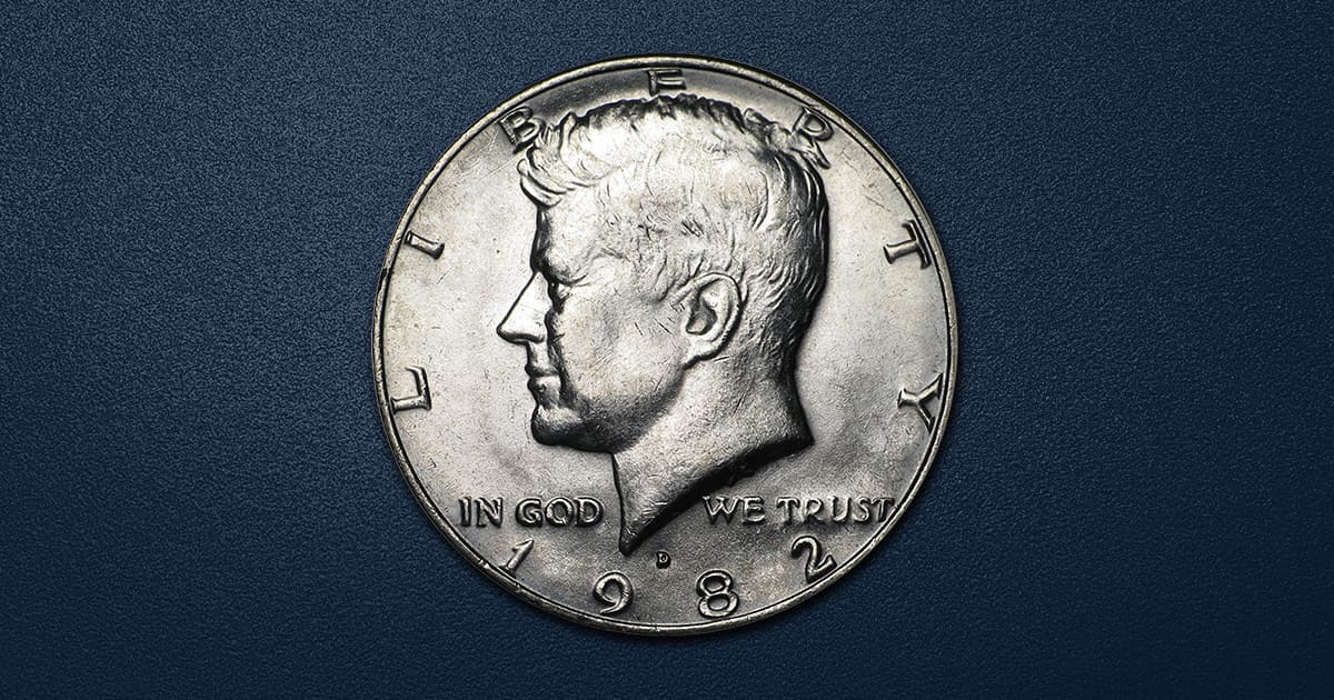 A 1982 Kennedy Half Dollar, shown obverse.