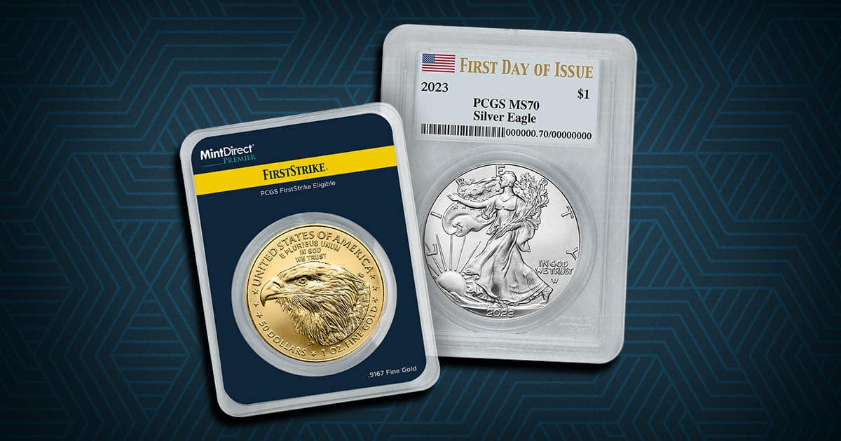 A First Strike gold American Eagle and First Day of Issue silver American Eagle next to each other above a patterned background.