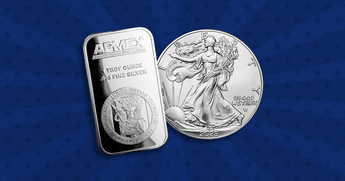 A silver bar and silver Eagle next to each other.