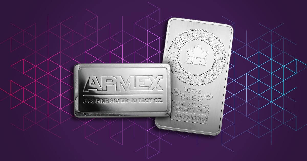 Two APMEX silver bars in front of a patterned background.