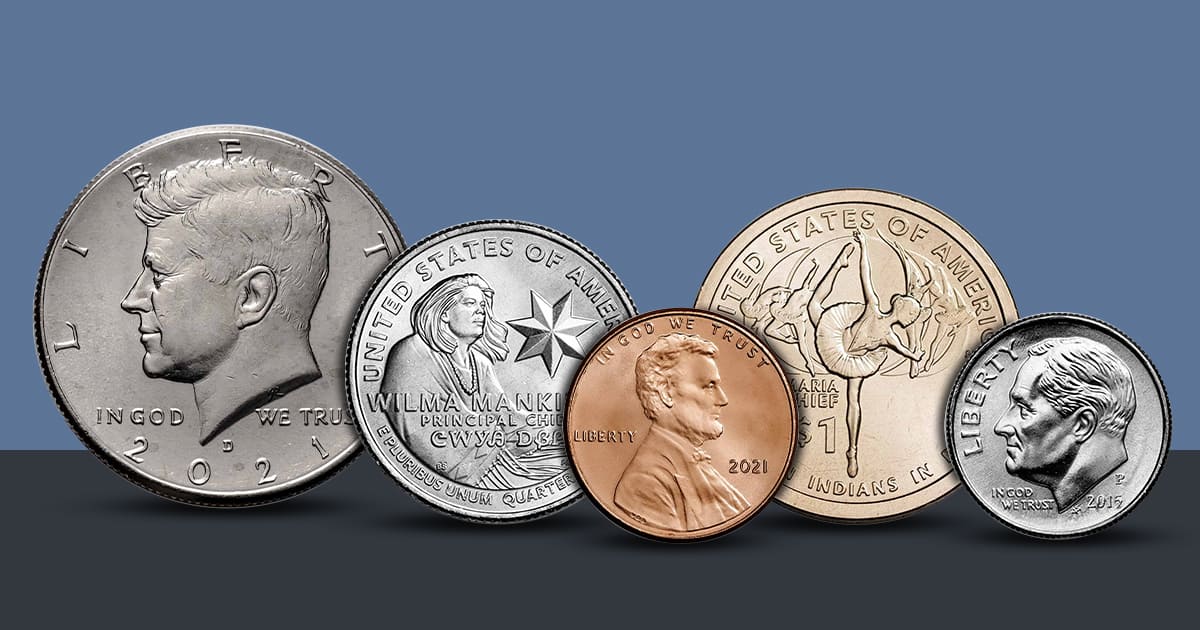 Five varieties of obverse facing U.S. coins.