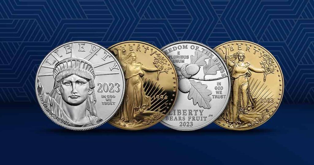 The obverses and reverses of both a Gold American Eagle and Platinum American Eagle for an article discussing bullion vs proof coins.