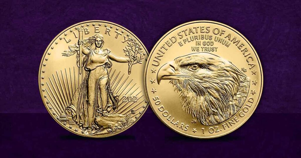 The obverse and reverse of a Gold American Eagle coin for the topic of Gold IRA vs physical gold for investments.