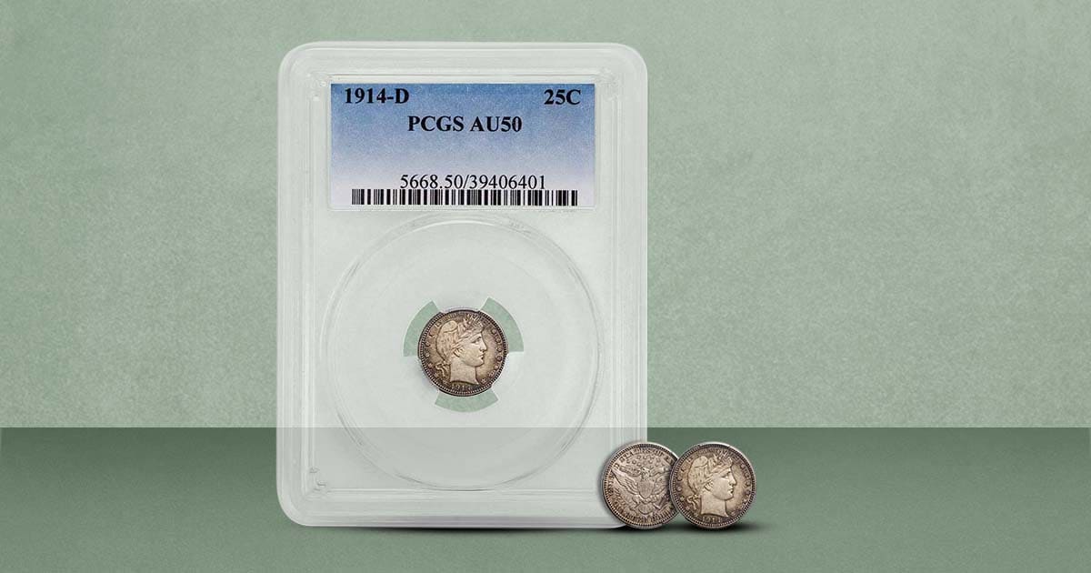 A 1914-D Barber quarter in AU-50 condition graded by PCGS.
