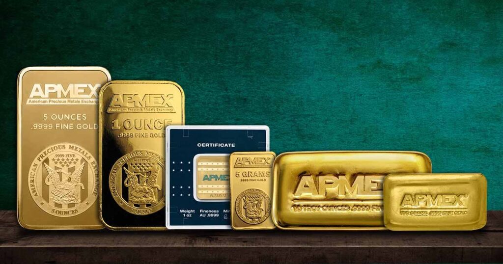 APMEX-branded gold bars in a variety of sizes for an article titled "Investing in Gold Bars: From 1/2g to 1kg in Hand."