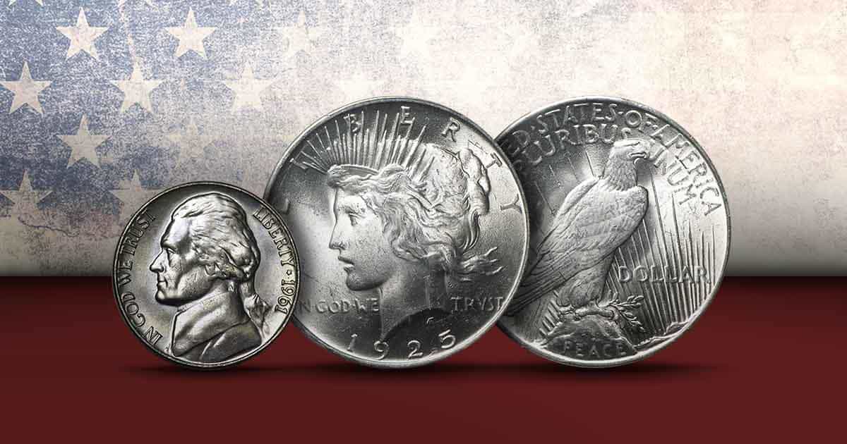 A 1962 nickel and 1925 Peace dollar side by side.