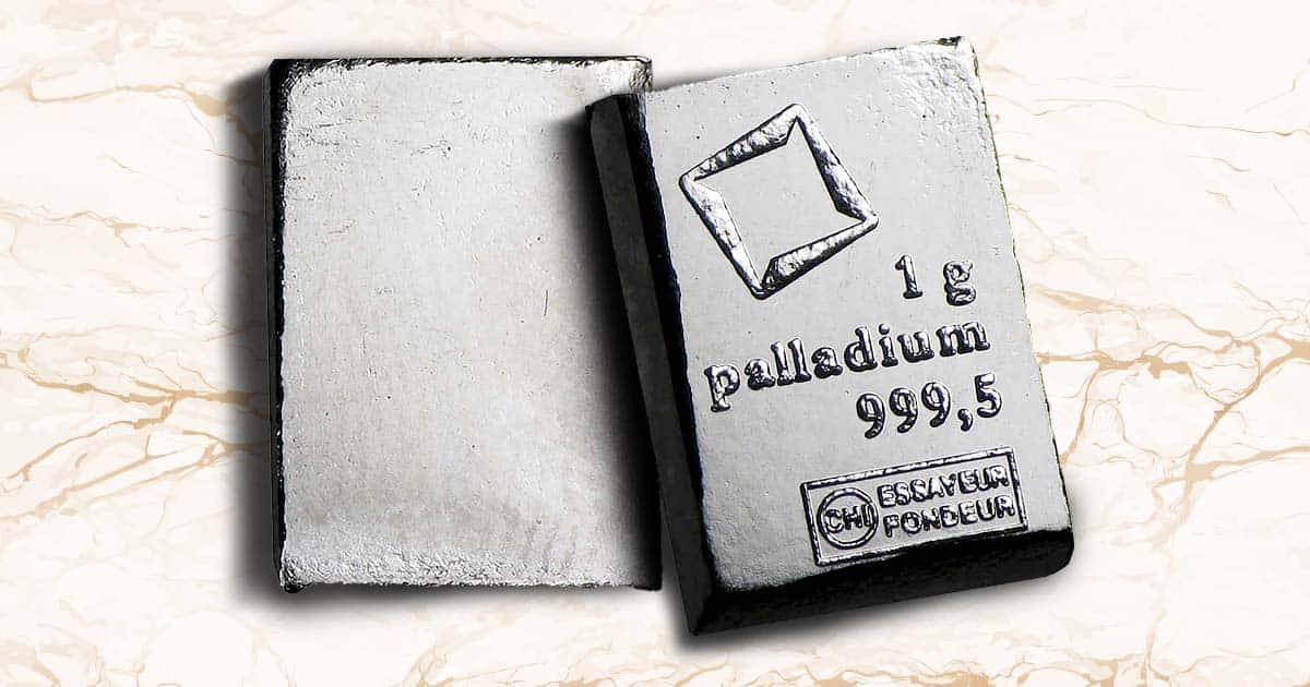 A 1 gram palladium bar is shown, obverse and reverse.