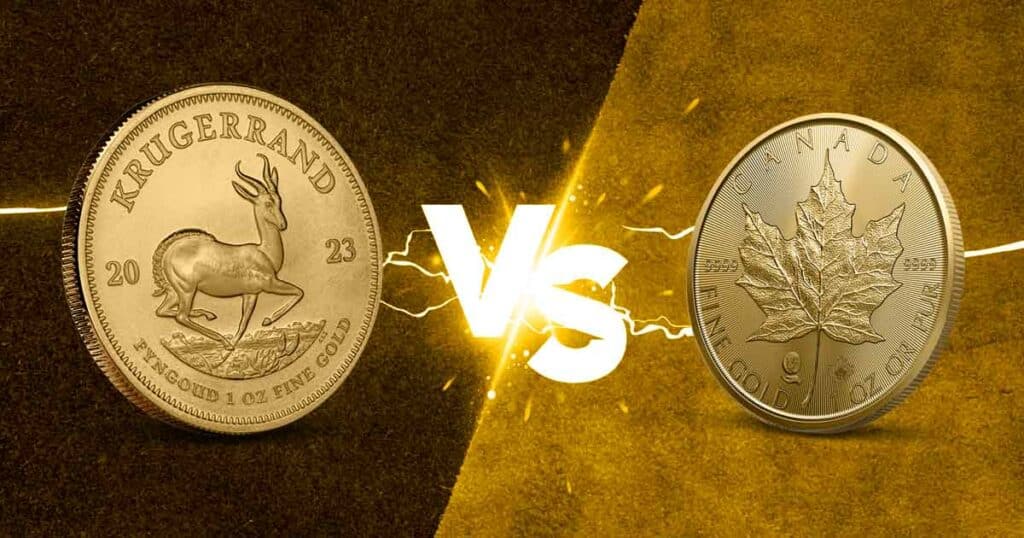 Gold Krugerrand and Maple Leaf coins.