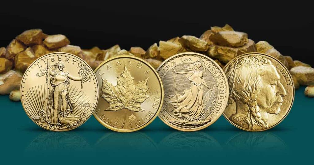 How Are Gold Coins Made? Featuring the obverses of popular gold coins: Gold American Eagle, Gold Canadian Maple Leaf, Gold British Britannia, and Gold Buffalo.