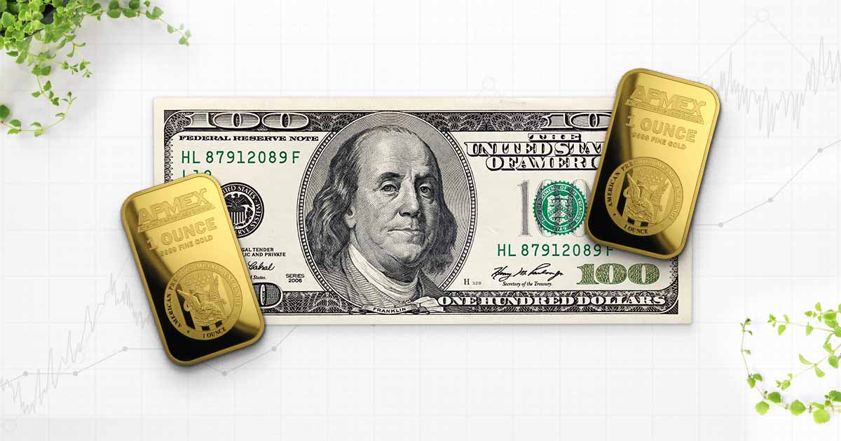 Image displaying a hundred-dollar bill and two gold bars.