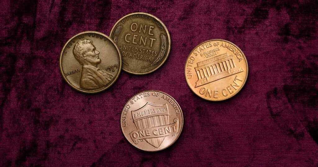 Four one-cent coins to represent the penny vs. cent