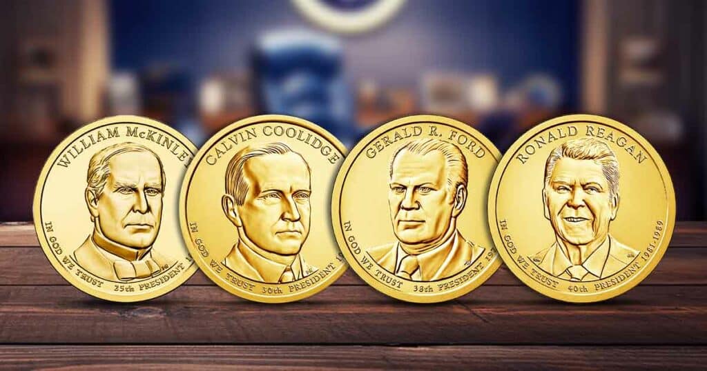 William McKinley, Calvin Coolidge, Gerald Ford, and Ronald Reagan's presidential coins for an article discussing: are presidential dollars worth anything?