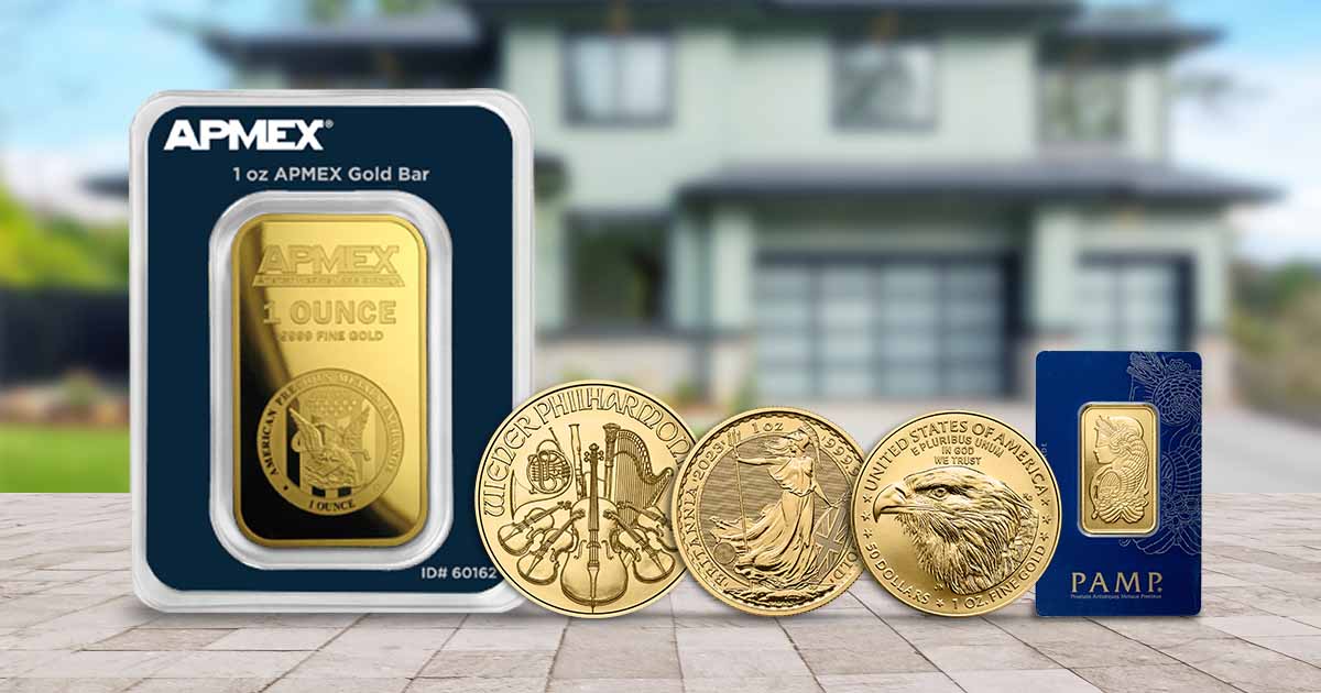 Gold APMEX bar, Gold Philharmonic, Gold Britannia, Gold Eagle, and Gold PAMP Suisse bar for an article discussing investment in land vs gold.