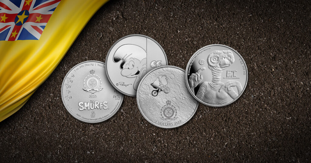 Collectible Niue silver coins, featuring iconic characters like E.T. the Extra-Terrestrial and Smurfs.