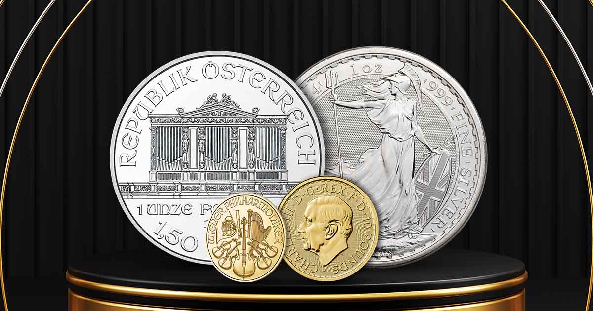 The obverses and reverses of the Royal Mint's Britannia and the Austrian Mint's Philharmonic.