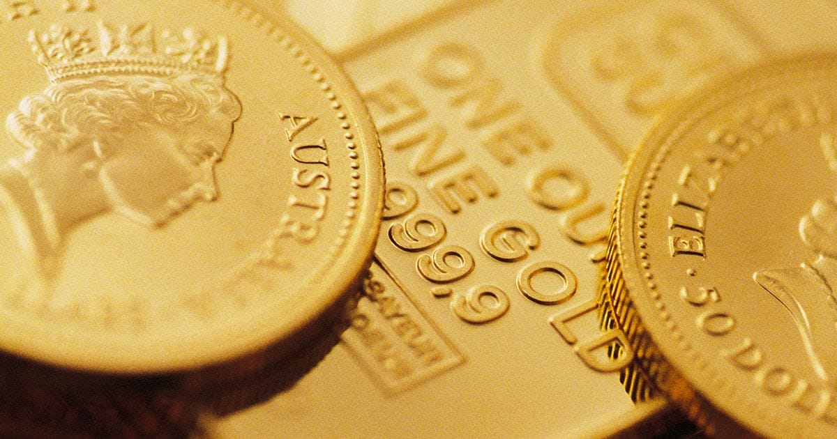 Gold bullion bars and coins.