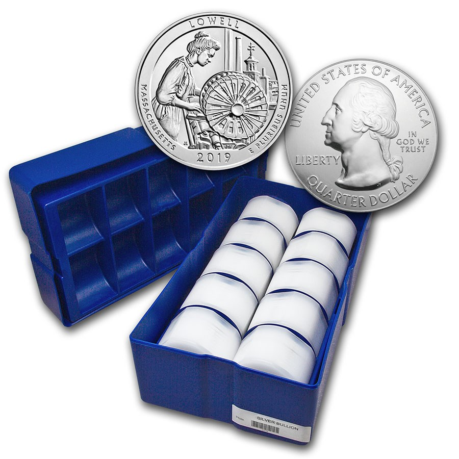 A box of (100) 2019 Lowell National Historic Park (Massachusetts) 5-Ounce America the Beautiful bullion coins