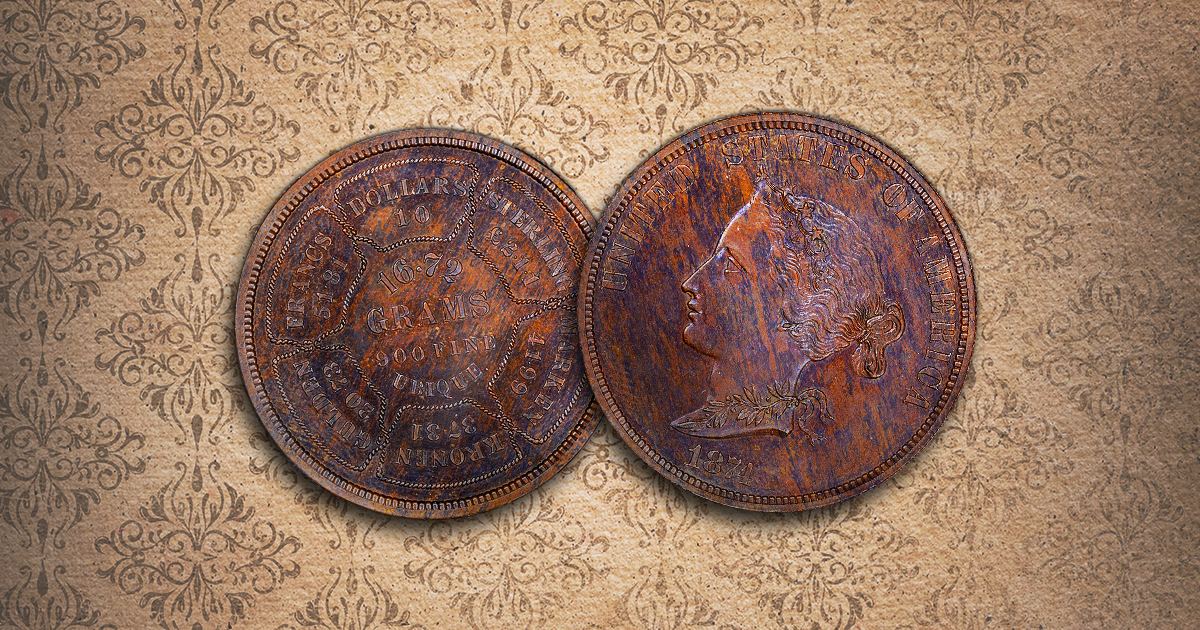 A toned Bickford dollar coin is shown facing obverse and reverse.