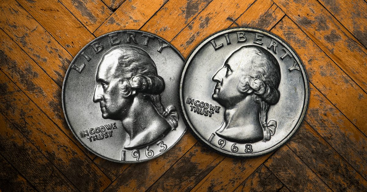 Two Washington quarters from two different years are shown, facing obverse.