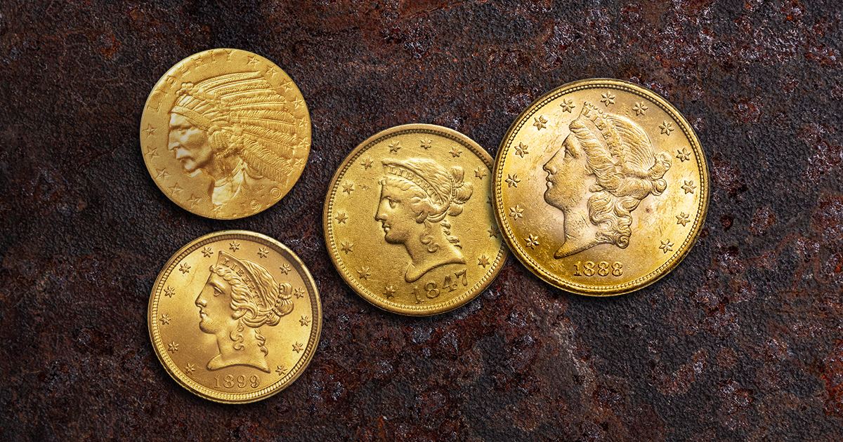 Four of the gold coins from the U.S. Mint found in the Baltimore Hoard are shown facing obverse.