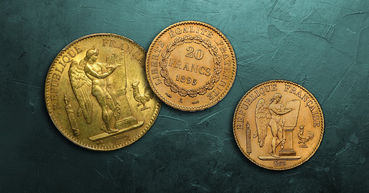 French gold Lucky Angel coins are shown, obverse and reverse.