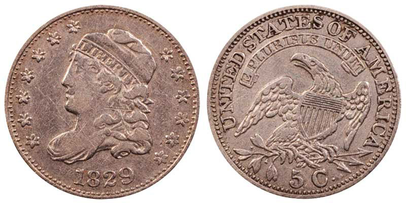 Obverse and Reverse of the 1829 Capped Bust Half Dime