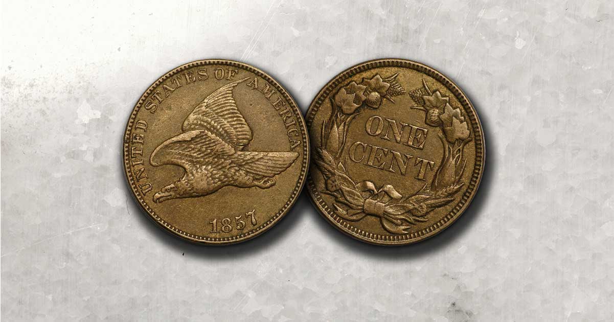 An 1857 cent coin on a table.