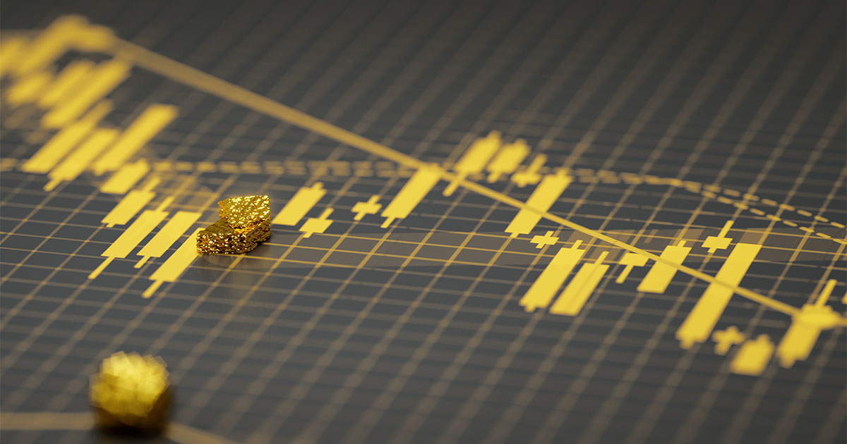 Gold sitting on a candlestick chart.