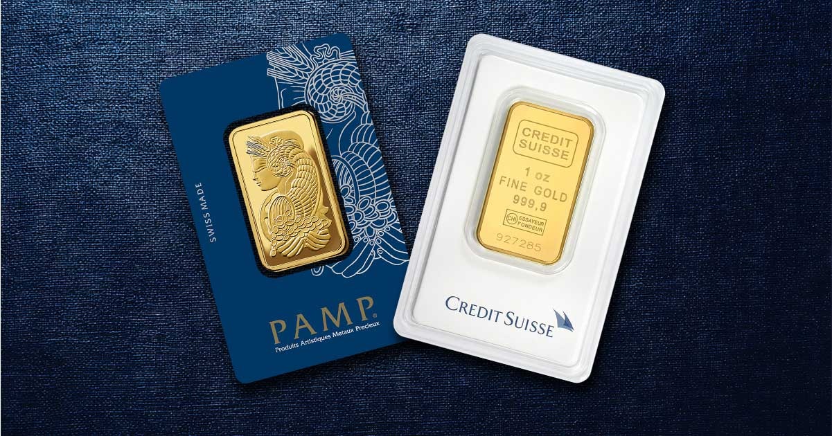 A PAMP and Suisse gold bar against a dark blue background.