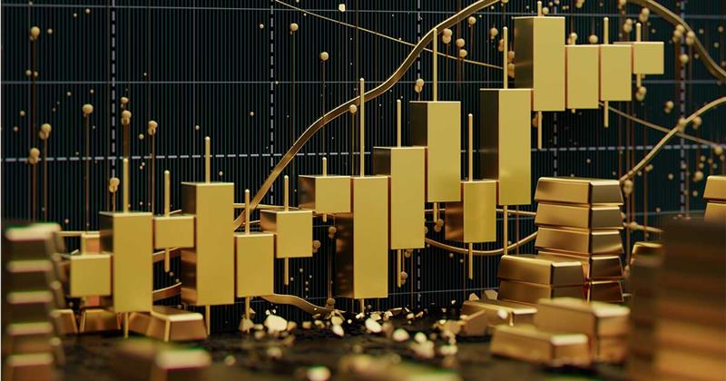A bar graph against a segmented dark background and surrounded by gold bars.