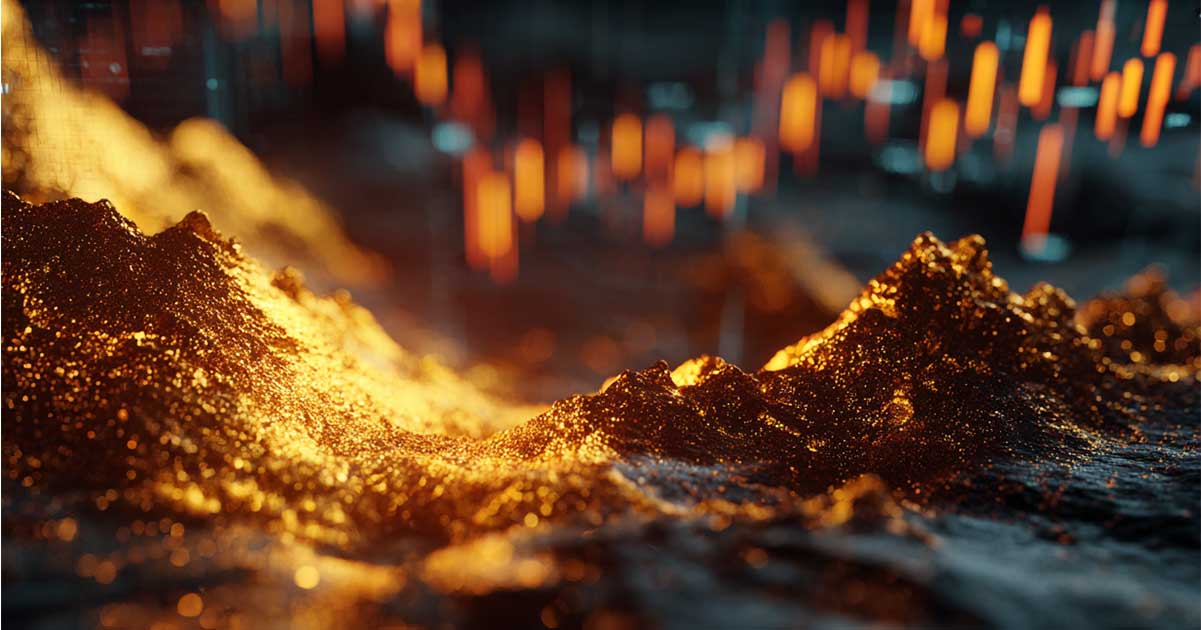 A pile of gold dust on the floor of a mine with an inverted chart in the background.