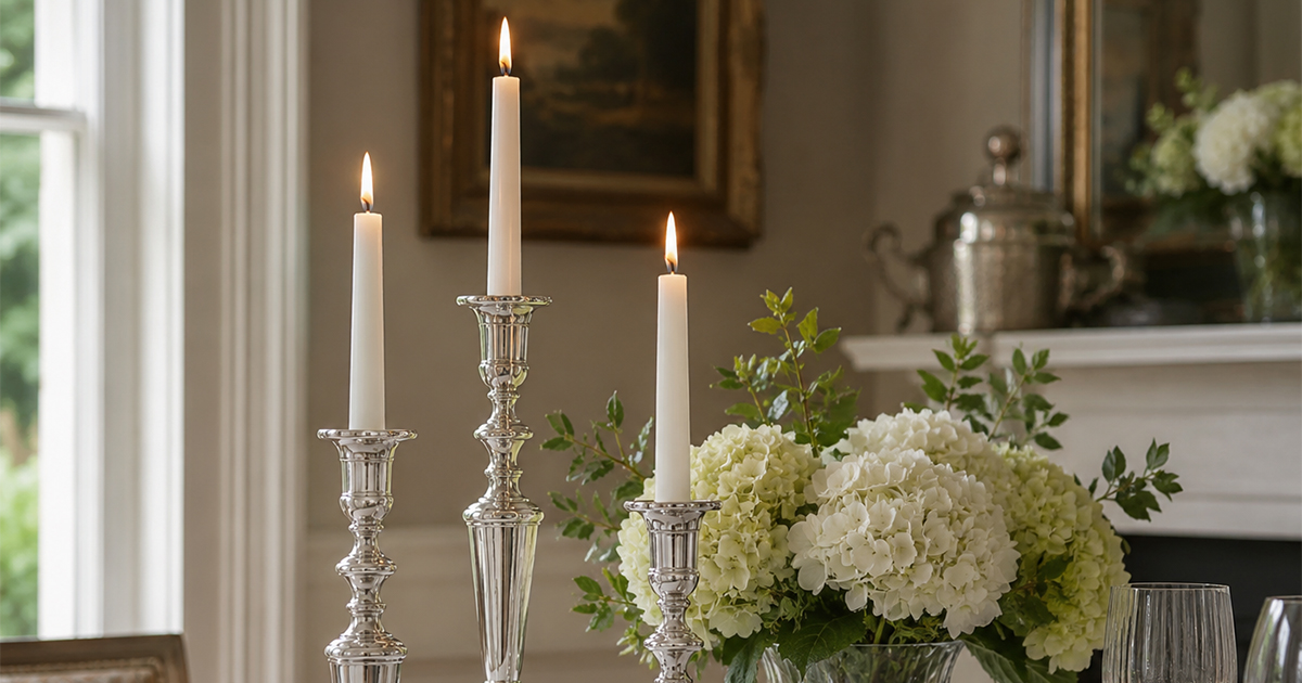 Silver candlesticks with lit candles on a dining room table with a floral arrangement.