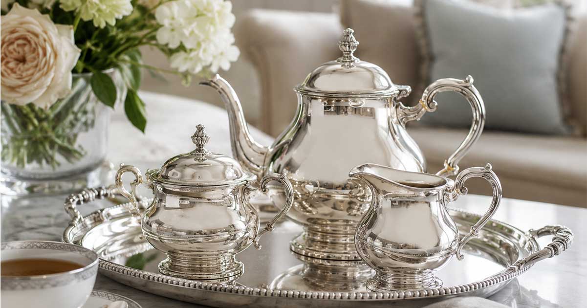 A silver tea set with pot, sugar, and cream on the table of a plush sitting room.
