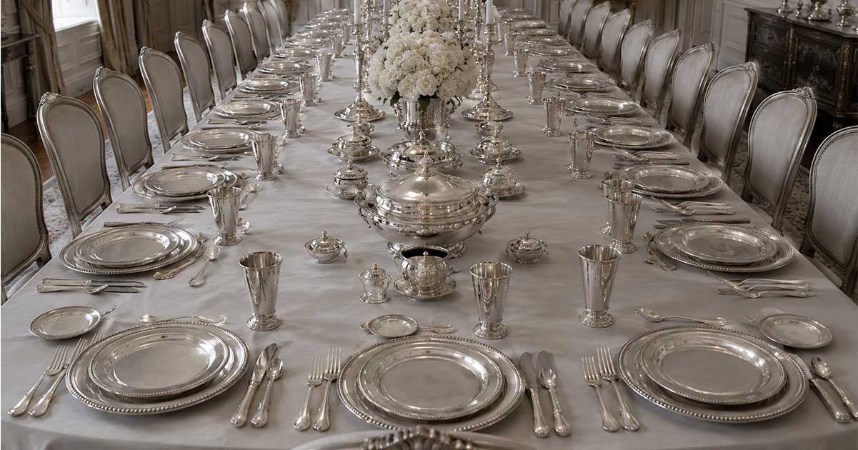 A long dining table set entirely with silver flatware, candlesticks, and centerpieces.