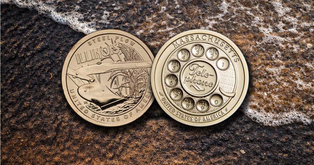 Two American Innovation Dollars on a rock.