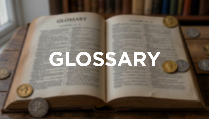 A dictionary opened to the middle with a handful of coins scattered across it.