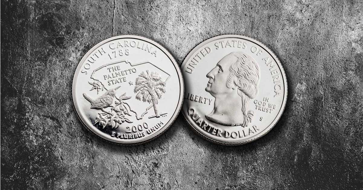 Two South Carolina state quarters on concrete.