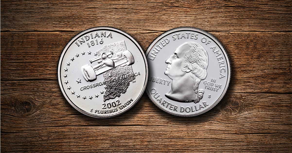 Two Indiana state quarters on a table.