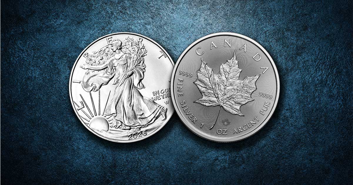 A silver American Eagle on the left next to a silver Canadian Maple Leaf on the right, both on a blue marble background.